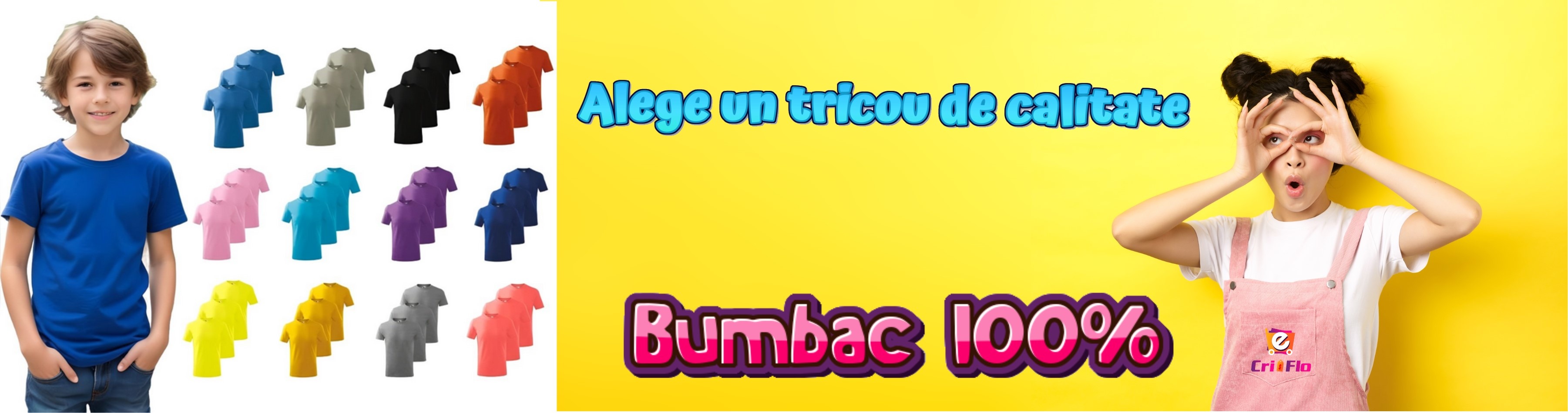 Prezentare set 3 tricouri copii din bumbac 100%, disponibile în 20 de culori pentru fete și băieți
